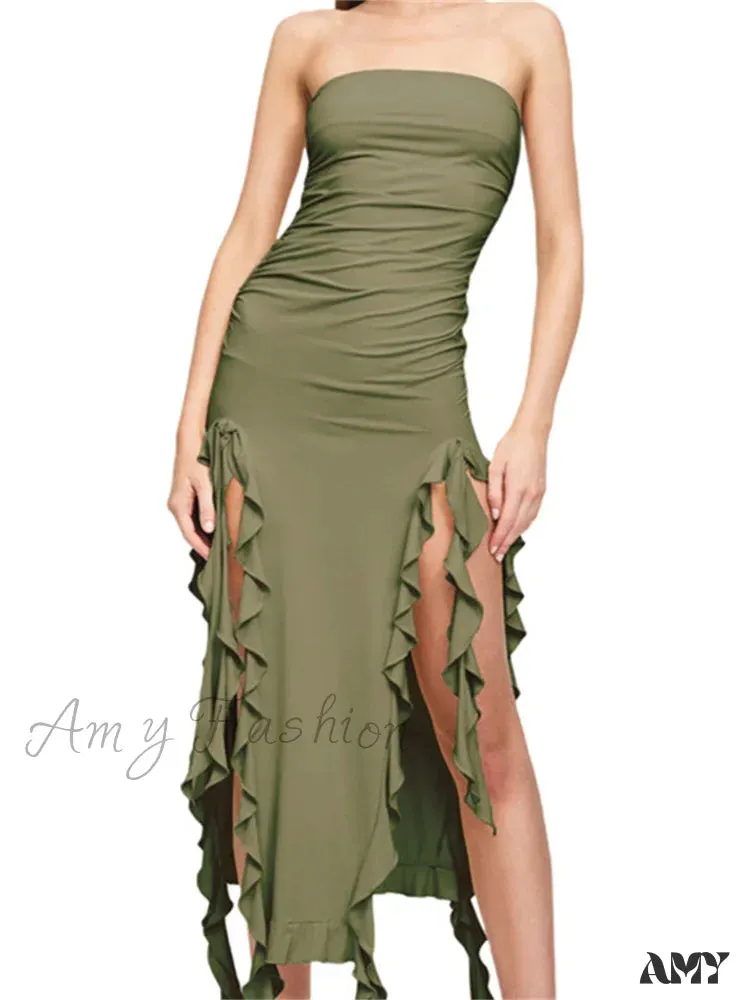 Amy Fashion - Sexy Strapless Off Shoulder  Women Ruffles Split Beach  Summer Slim Fit Party Female Vestido