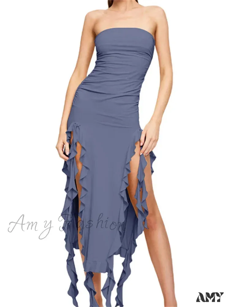 Amy Fashion - Sexy Strapless Off Shoulder  Women Ruffles Split Beach  Summer Slim Fit Party Female Vestido