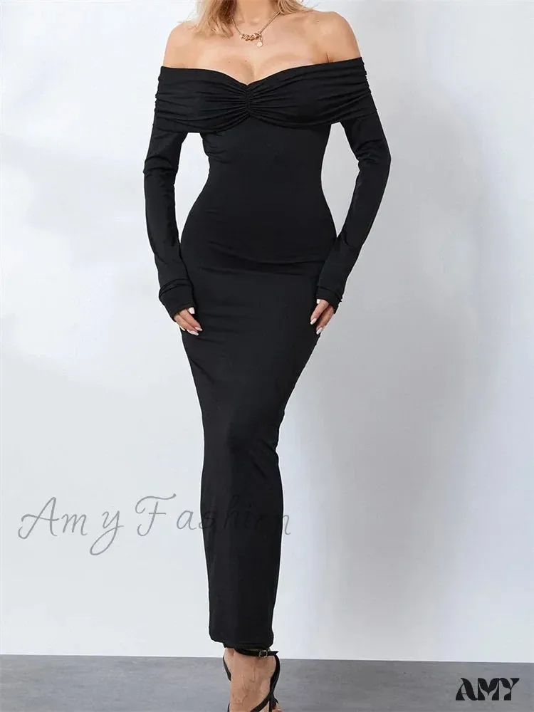 Amy Fashion - Women  Ruched Slash Neck Off-shoulder  Sleeve Solid Slim Fit Bodycon Cocktail Party Vestidos