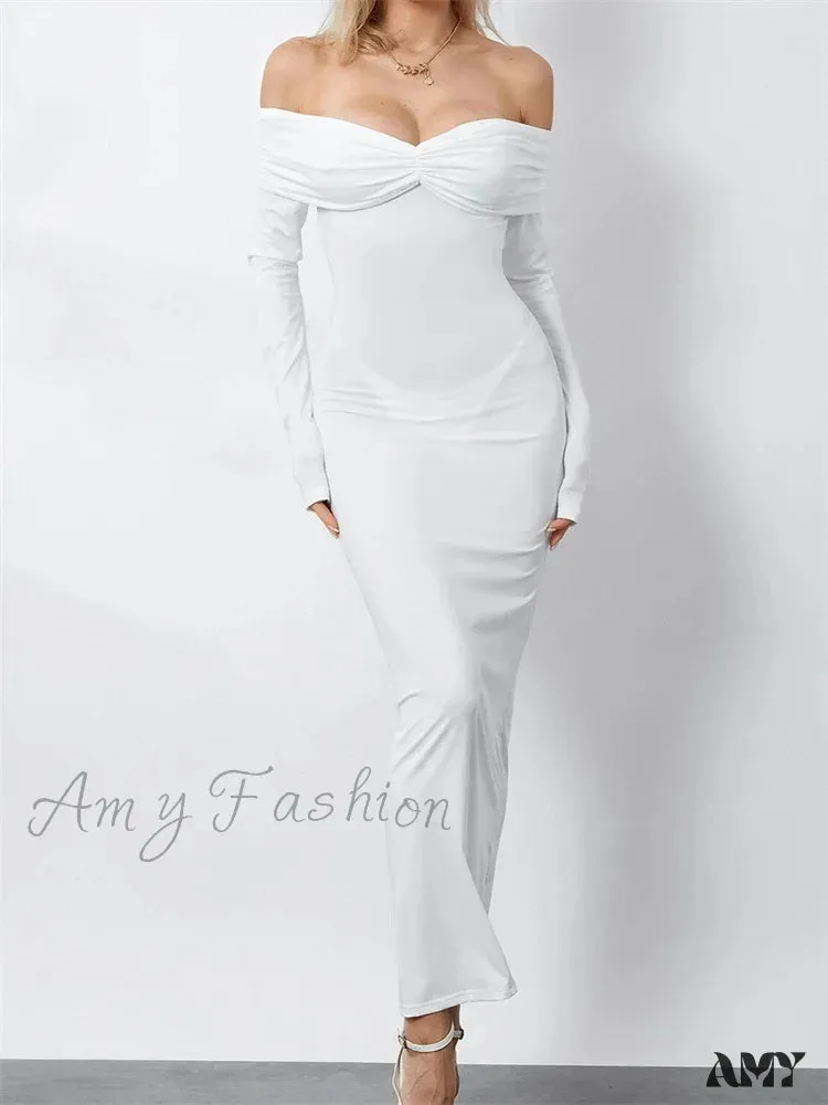 Amy Fashion - Women  Ruched Slash Neck Off-shoulder  Sleeve Solid Slim Fit Bodycon Cocktail Party Vestidos