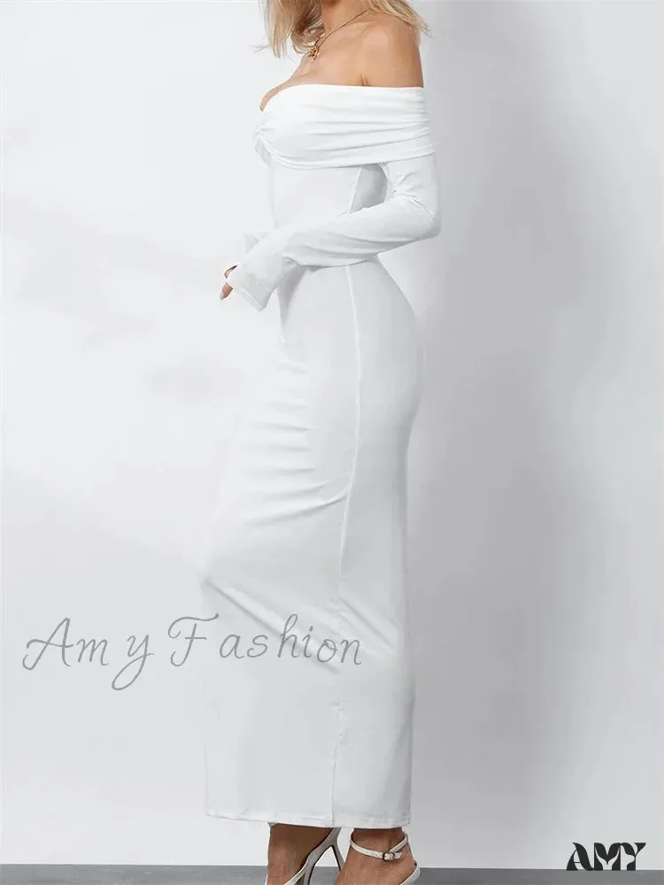 Amy Fashion - Women  Ruched Slash Neck Off-shoulder  Sleeve Solid Slim Fit Bodycon Cocktail Party Vestidos