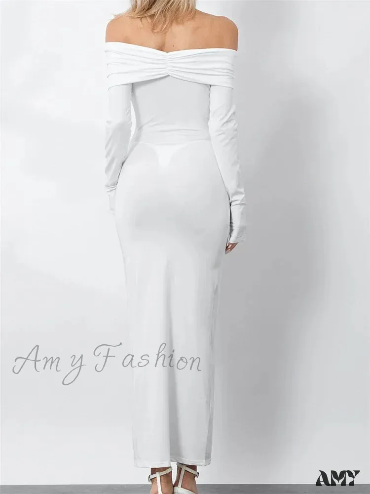 Amy Fashion - Women  Ruched Slash Neck Off-shoulder  Sleeve Solid Slim Fit Bodycon Cocktail Party Vestidos