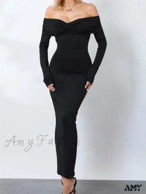 Amy Fashion - Women  Ruched Slash Neck Off-shoulder  Sleeve Solid Slim Fit Bodycon Cocktail Party Vestidos