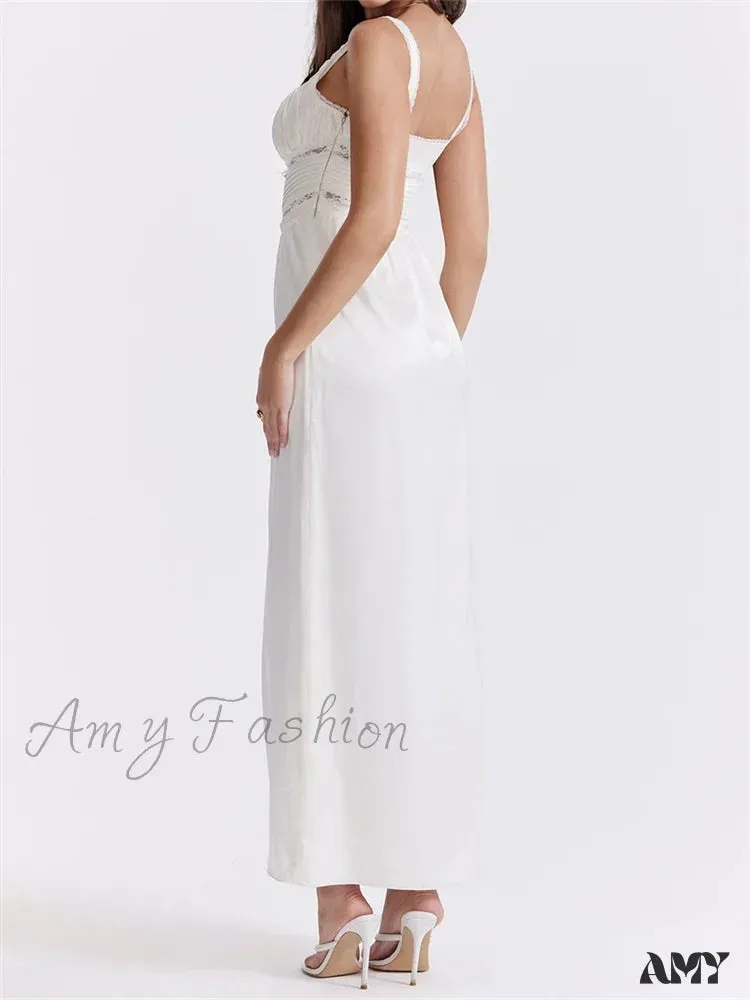 Amy Fashion - Women Y2K Low Cut Square Neck  Boho Lace Floral Patchwork Sleeveless Strap Ruched  Vestidos Sundress