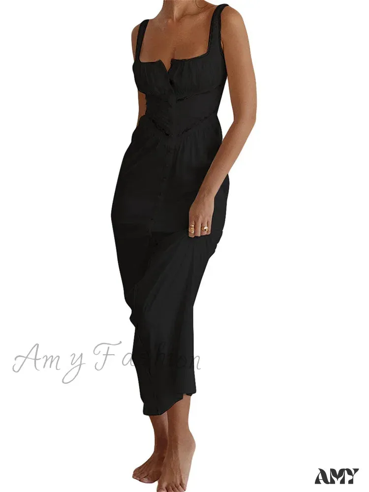Amy Fashion - Women Y2K Low Cut Square Neck  Boho Lace Floral Patchwork Sleeveless Strap Ruched  Vestidos Sundress