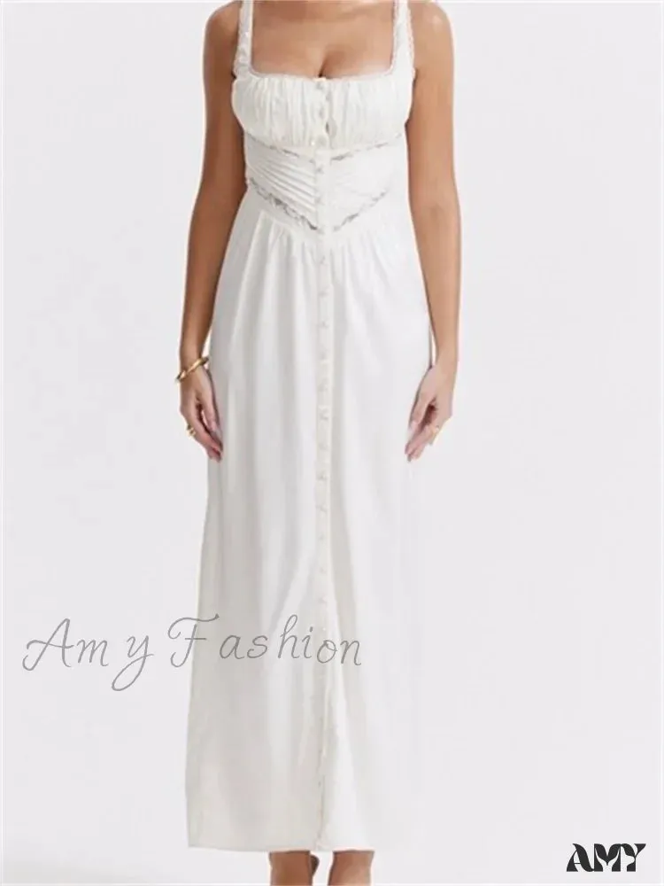 Amy Fashion - Women Y2K Low Cut Square Neck  Boho Lace Floral Patchwork Sleeveless Strap Ruched  Vestidos Sundress