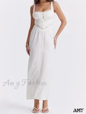 Amy Fashion - Women Y2K Low Cut Square Neck  Boho Lace Floral Patchwork Sleeveless Strap Ruched  Vestidos Sundress
