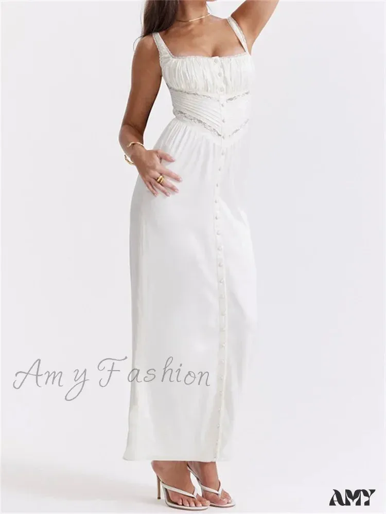 Amy Fashion - Women Y2K Low Cut Square Neck  Boho Lace Floral Patchwork Sleeveless Strap Ruched  Vestidos Sundress