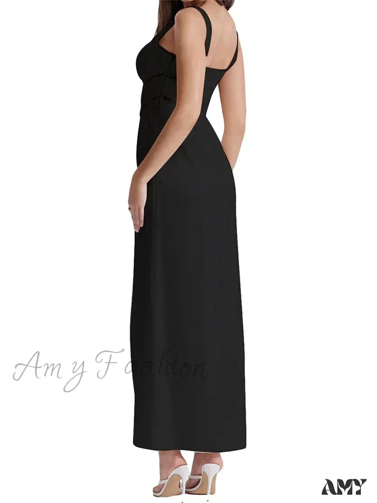 Amy Fashion - Women Y2K Low Cut Square Neck  Boho Lace Floral Patchwork Sleeveless Strap Ruched  Vestidos Sundress