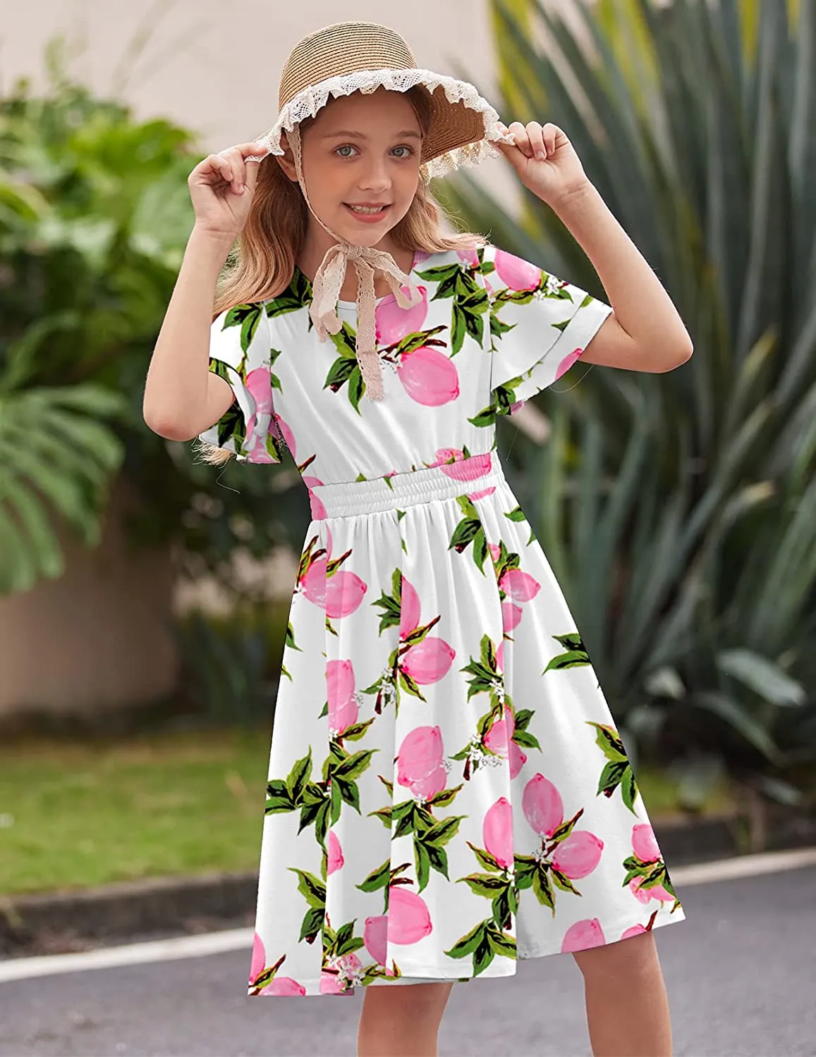 Arshiner Girl's Casual Dress Scoop Neck Flowy Print and Plain Sundress