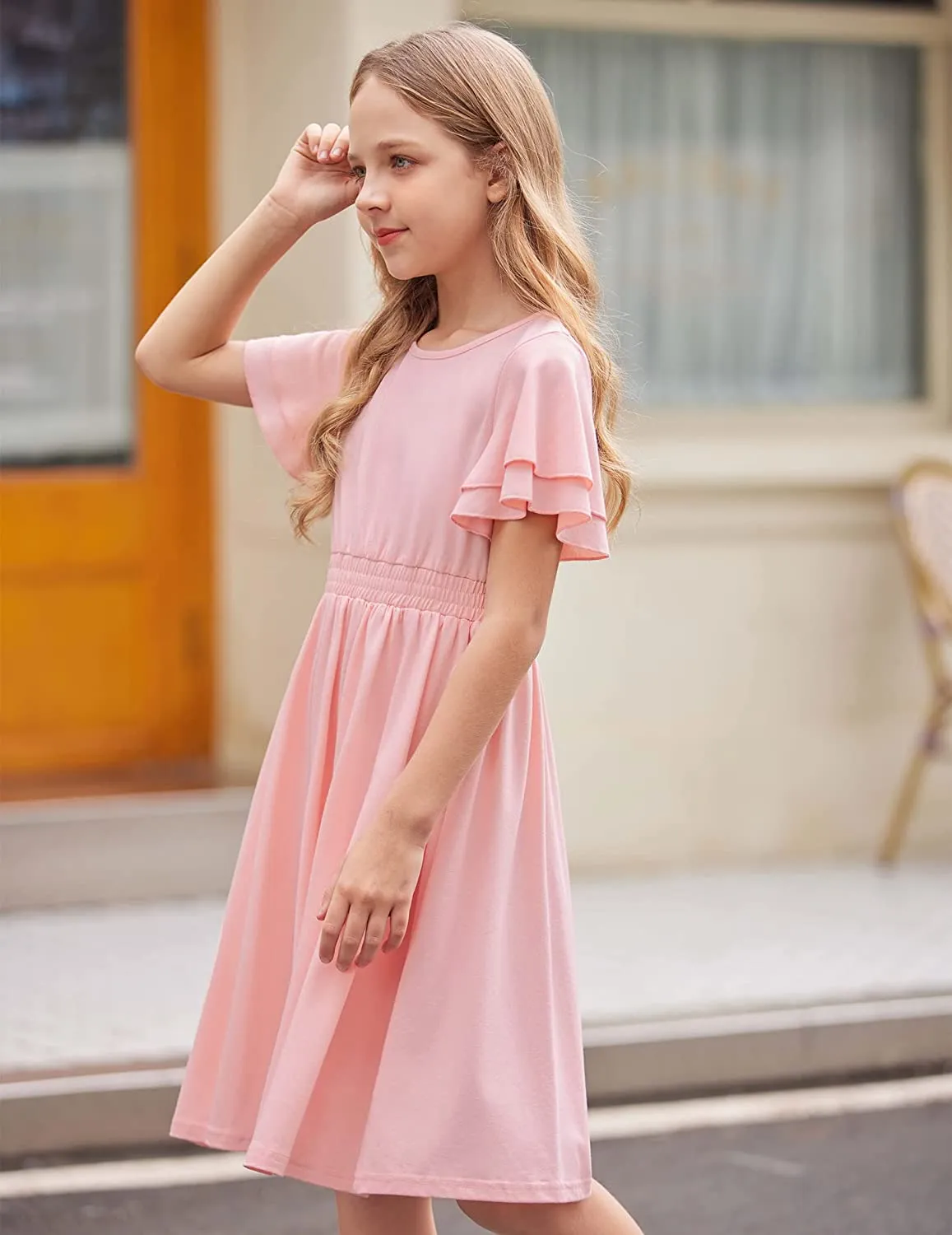 Arshiner Girl's Casual Dress Scoop Neck Flowy Print and Plain Sundress