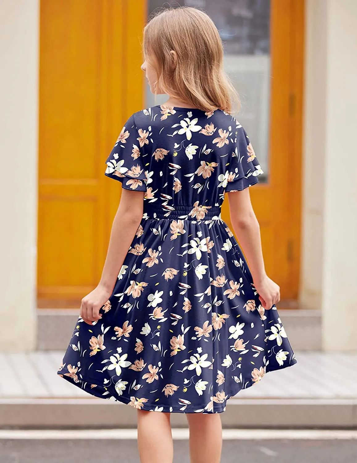 Arshiner Girl's Casual Dress Scoop Neck Flowy Print and Plain Sundress