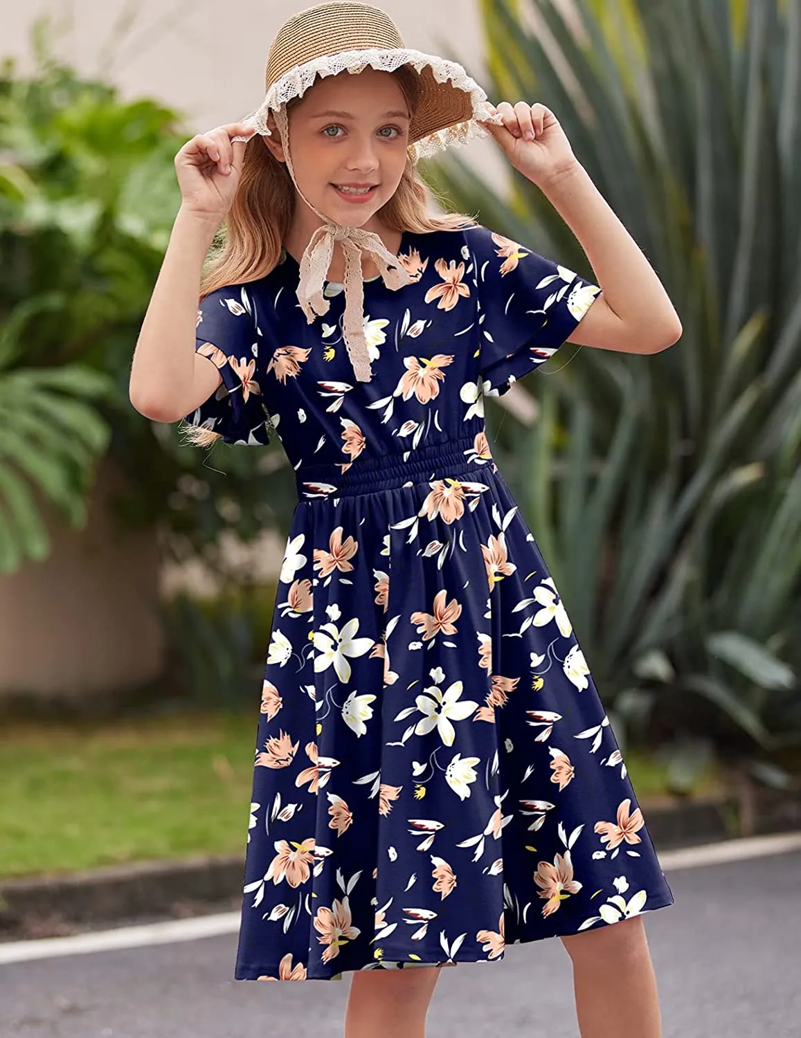 Arshiner Girl's Casual Dress Scoop Neck Flowy Print and Plain Sundress