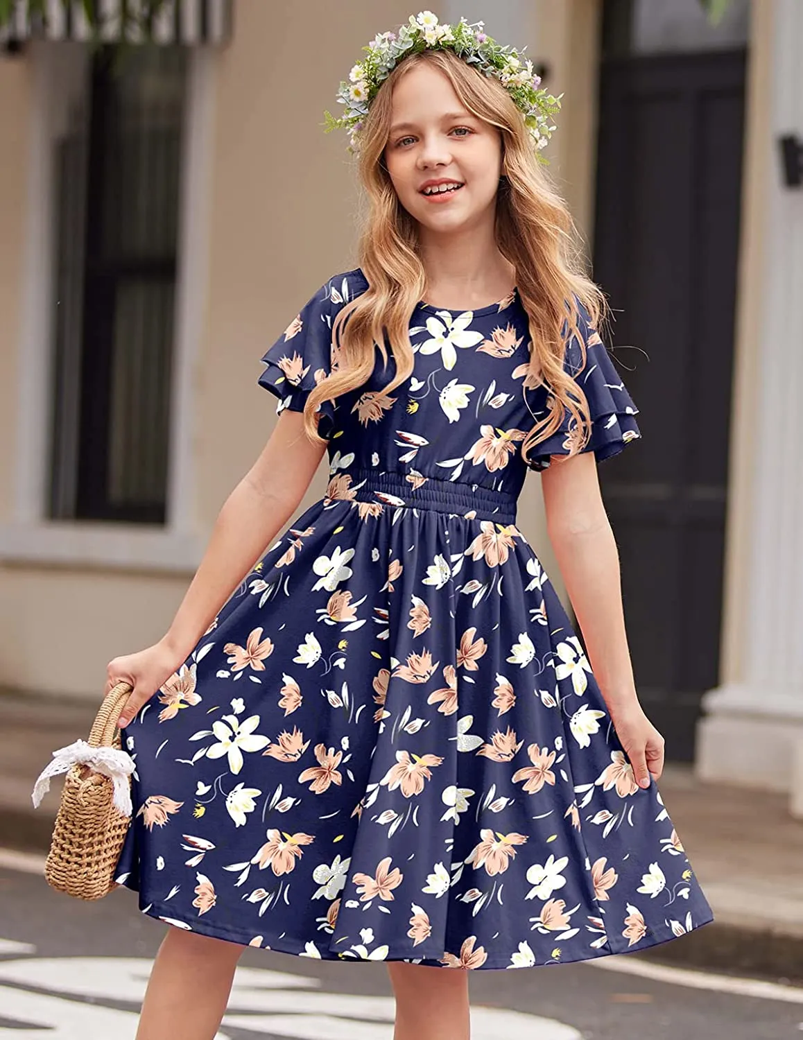 Arshiner Girl's Casual Dress Scoop Neck Flowy Print and Plain Sundress