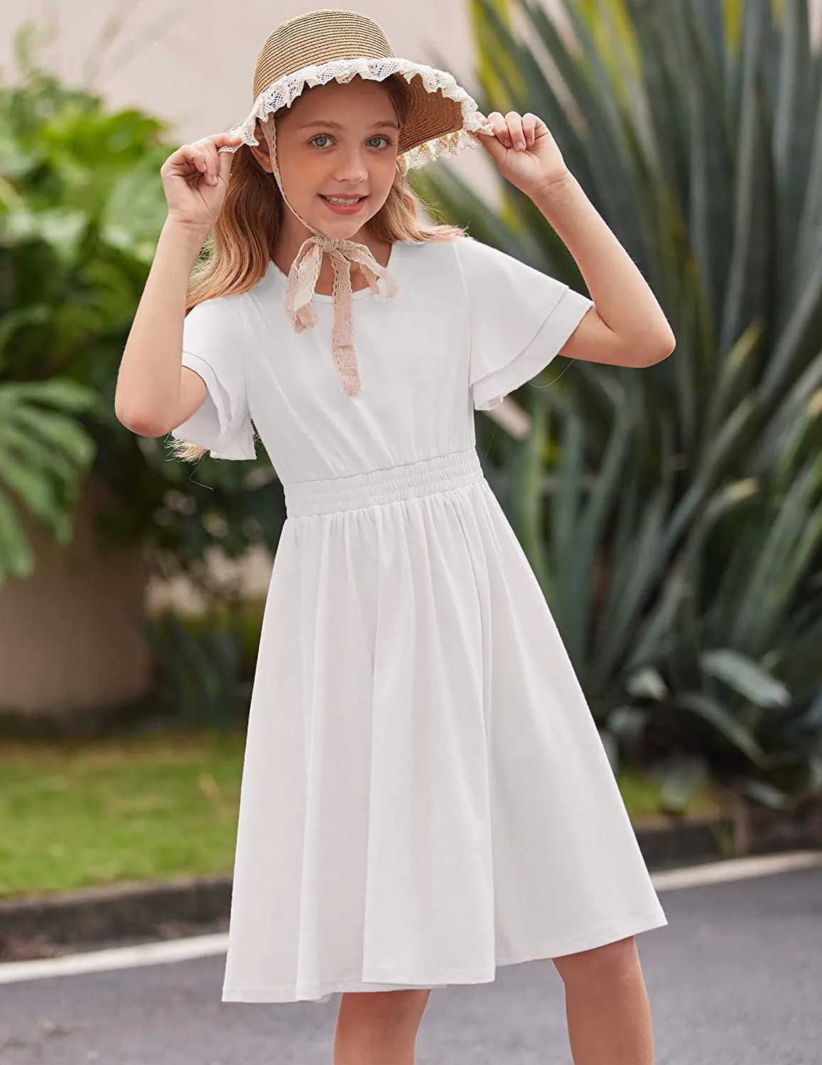 Arshiner Girl's Casual Dress Scoop Neck Flowy Print and Plain Sundress