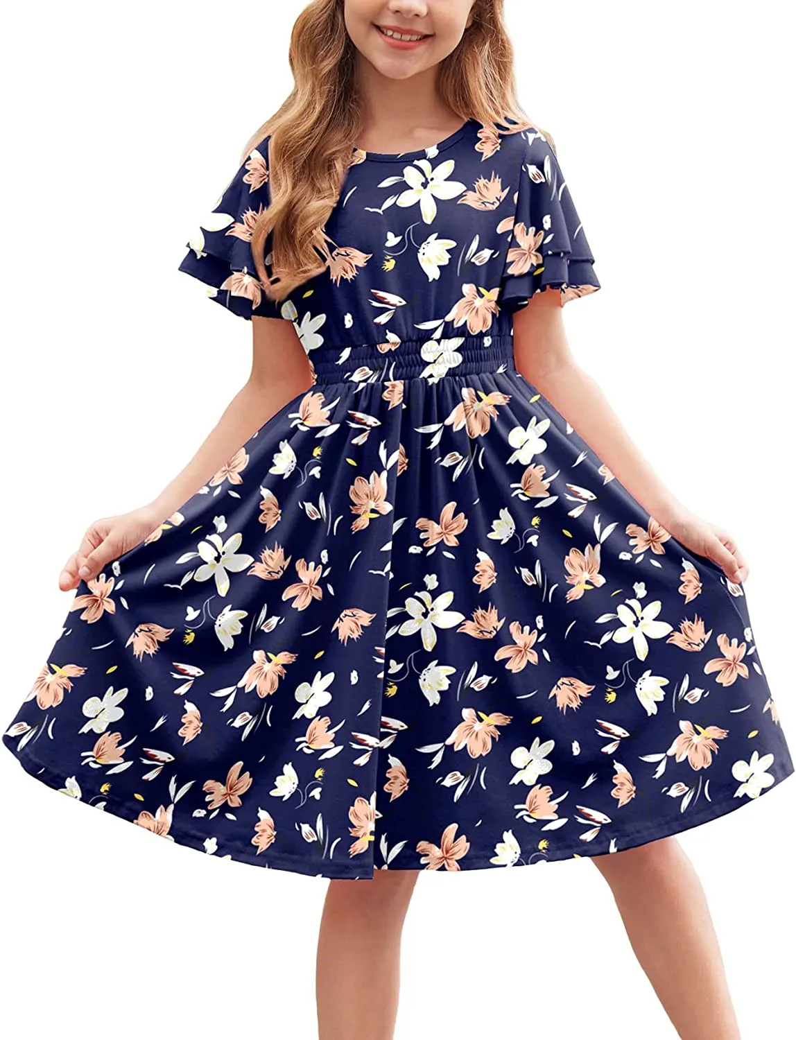 Arshiner Girl's Casual Dress Scoop Neck Flowy Print and Plain Sundress