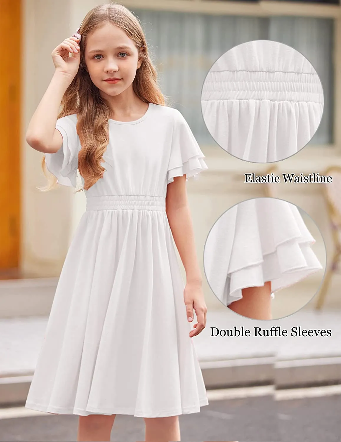 Arshiner Girl's Casual Dress Scoop Neck Flowy Print and Plain Sundress