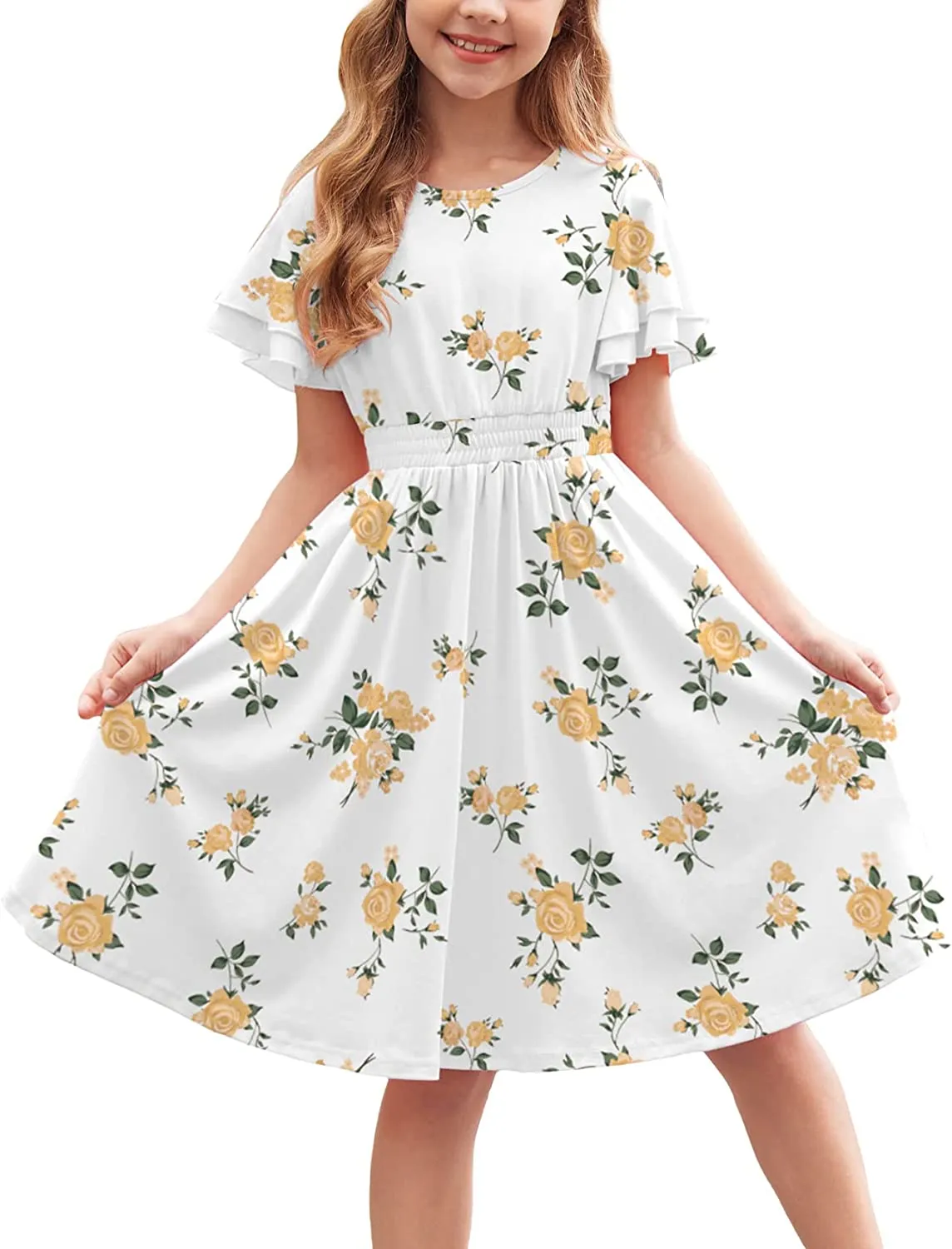 Arshiner Girl's Casual Dress Scoop Neck Flowy Print and Plain Sundress