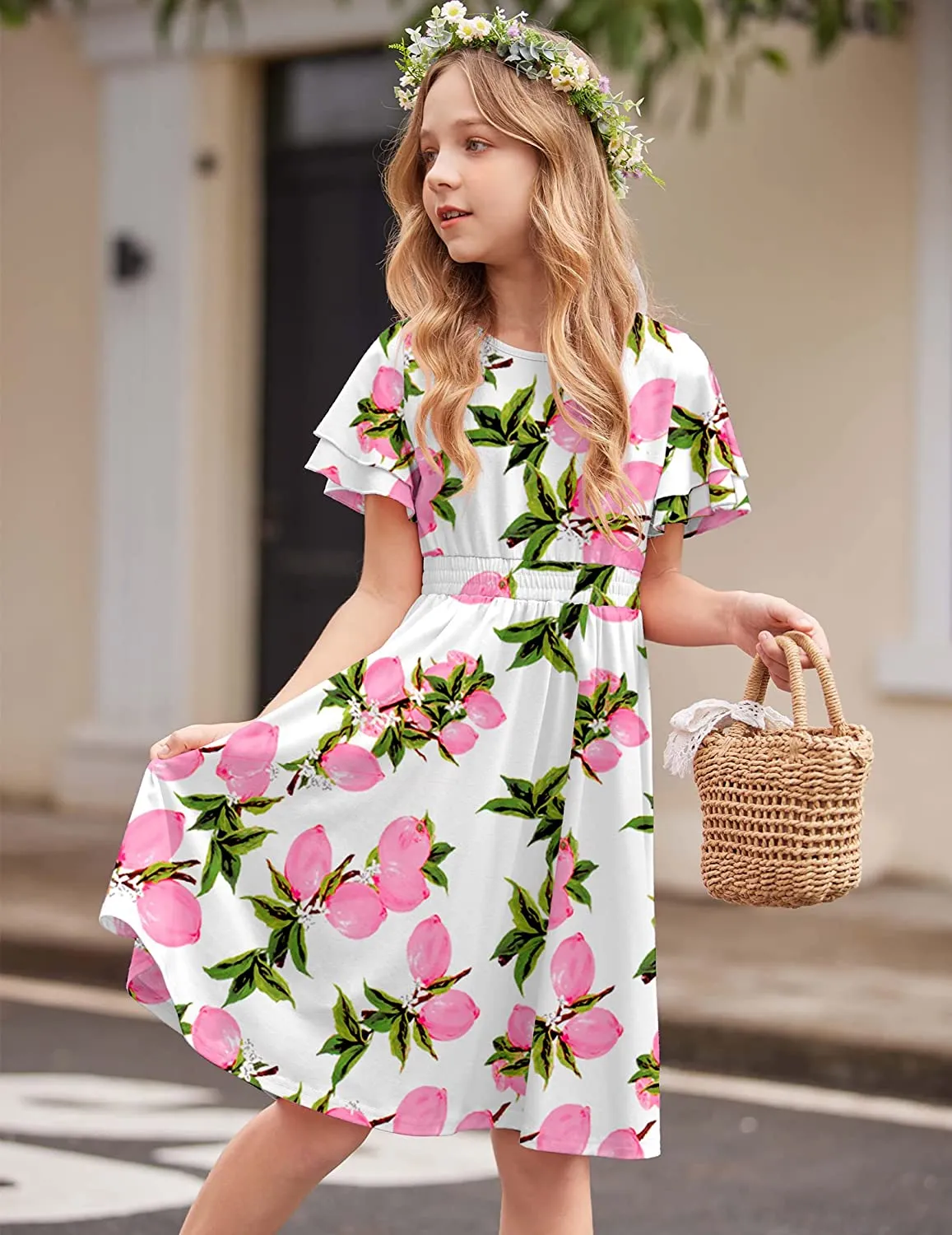Arshiner Girl's Casual Dress Scoop Neck Flowy Print and Plain Sundress
