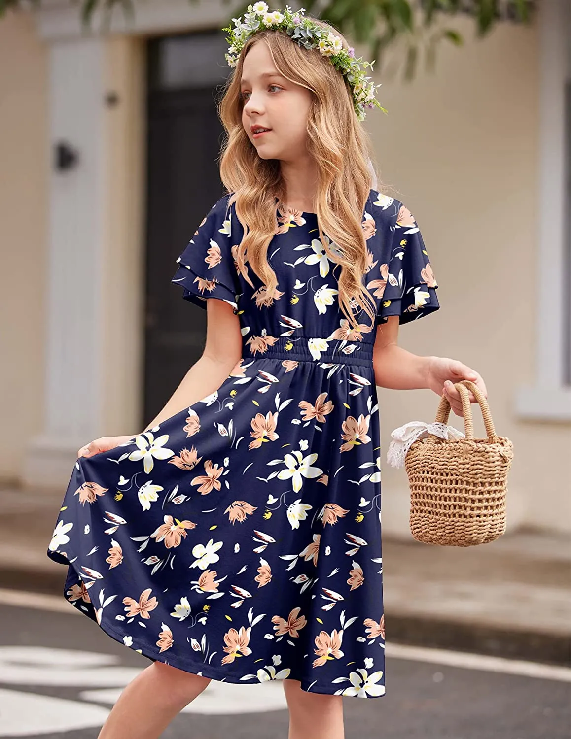 Arshiner Girl's Casual Dress Scoop Neck Flowy Print and Plain Sundress