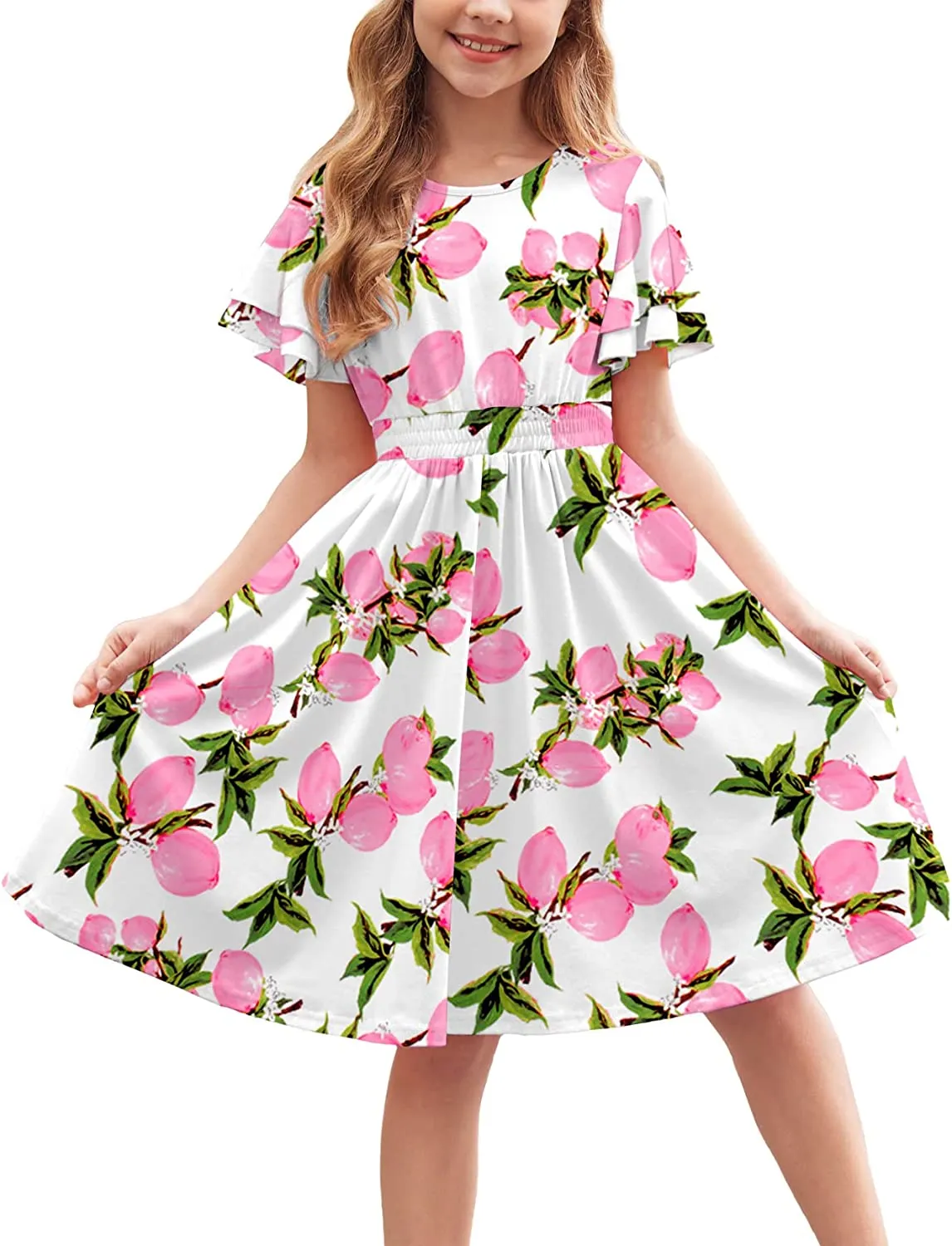 Arshiner Girl's Casual Dress Scoop Neck Flowy Print and Plain Sundress
