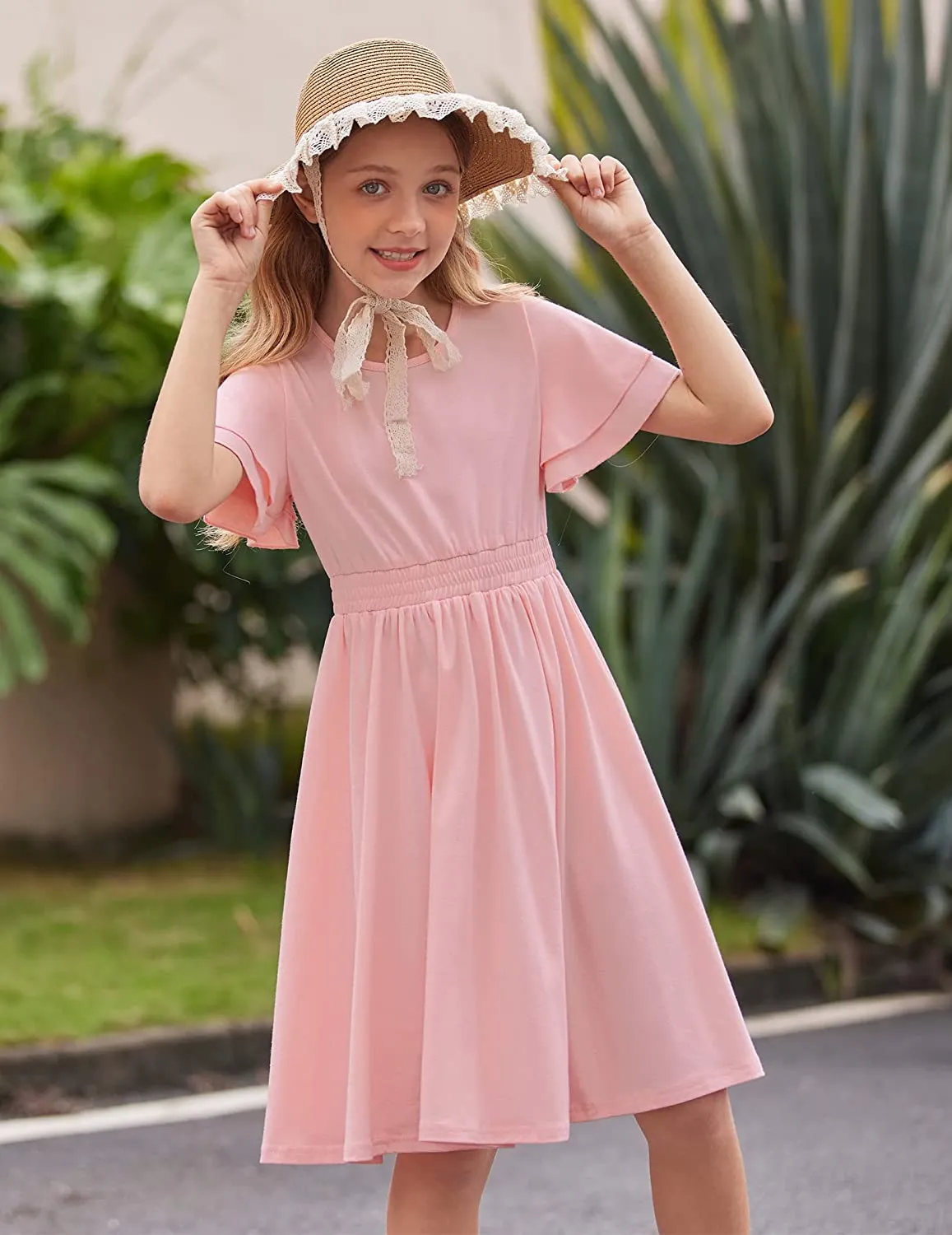 Arshiner Girl's Casual Dress Scoop Neck Flowy Print and Plain Sundress