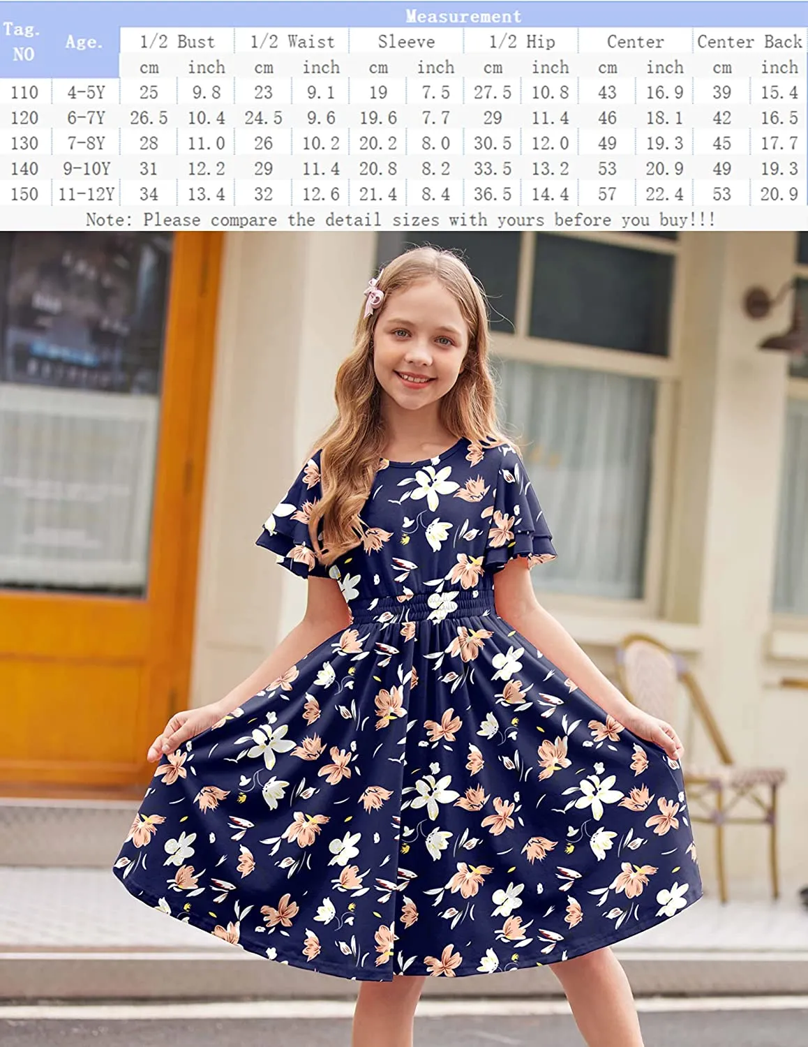 Arshiner Girl's Casual Dress Scoop Neck Flowy Print and Plain Sundress
