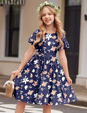Arshiner Girl's Casual Dress Scoop Neck Flowy Print and Plain Sundress