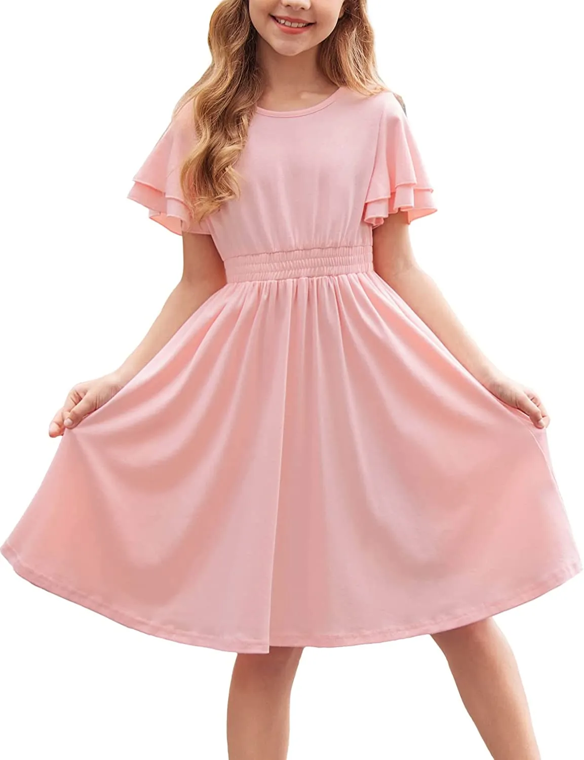 Arshiner Girl's Casual Dress Scoop Neck Flowy Print and Plain Sundress