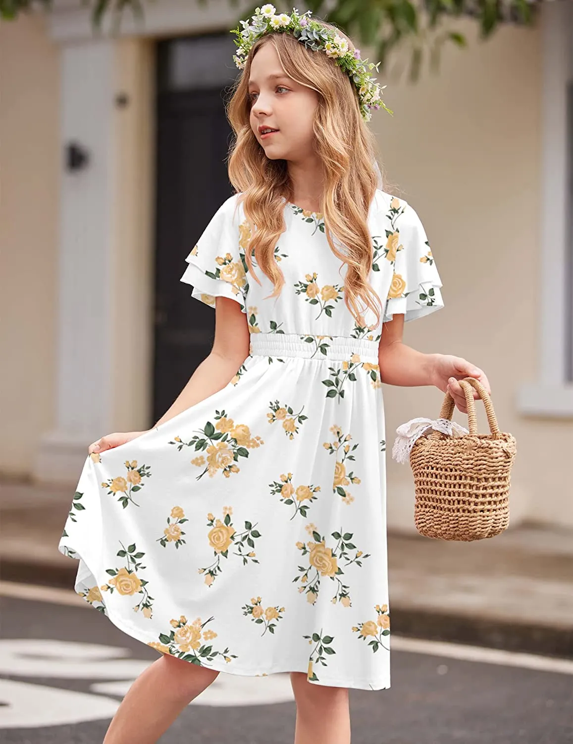 Arshiner Girl's Casual Dress Scoop Neck Flowy Print and Plain Sundress