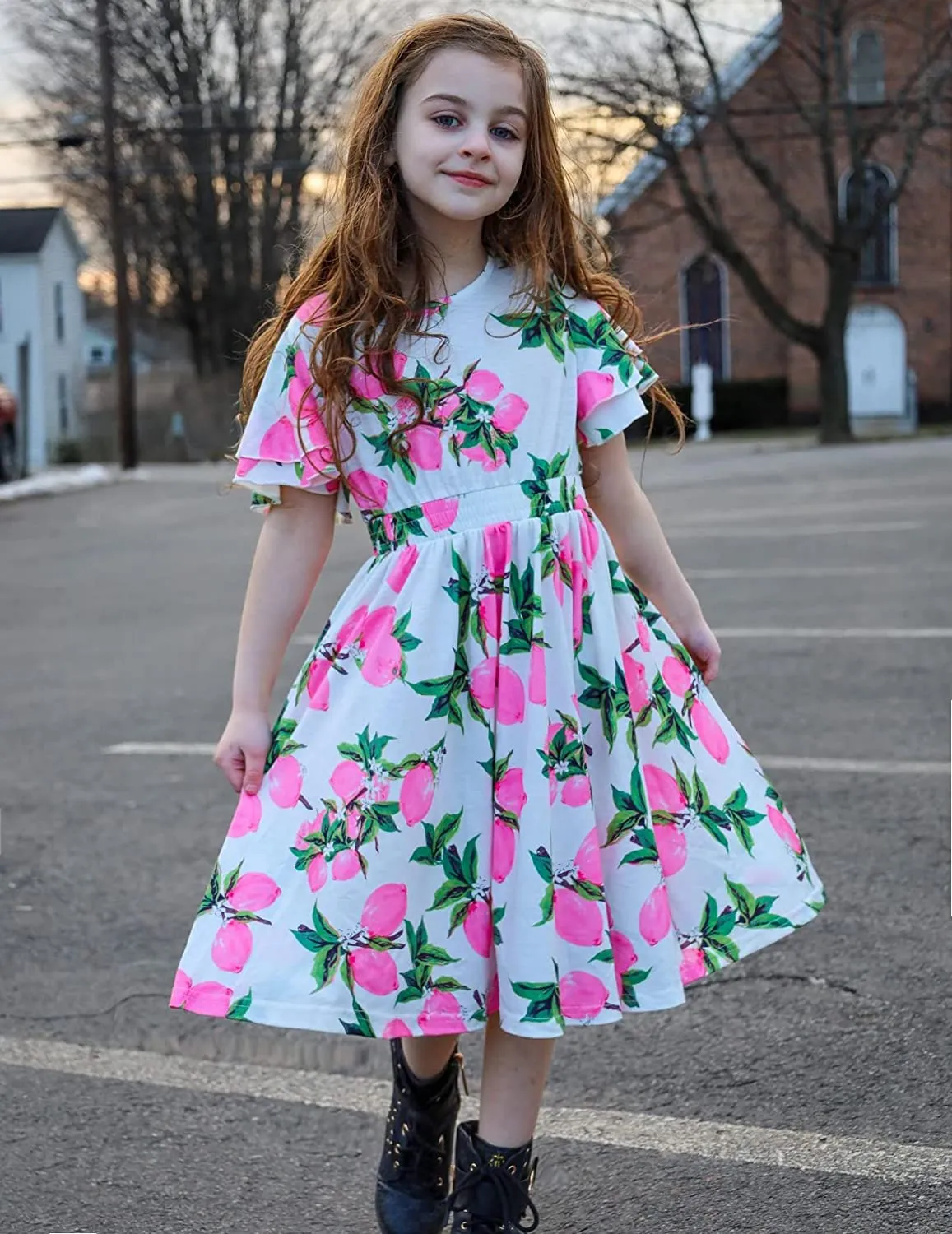Arshiner Girl's Casual Dress Scoop Neck Flowy Print and Plain Sundress