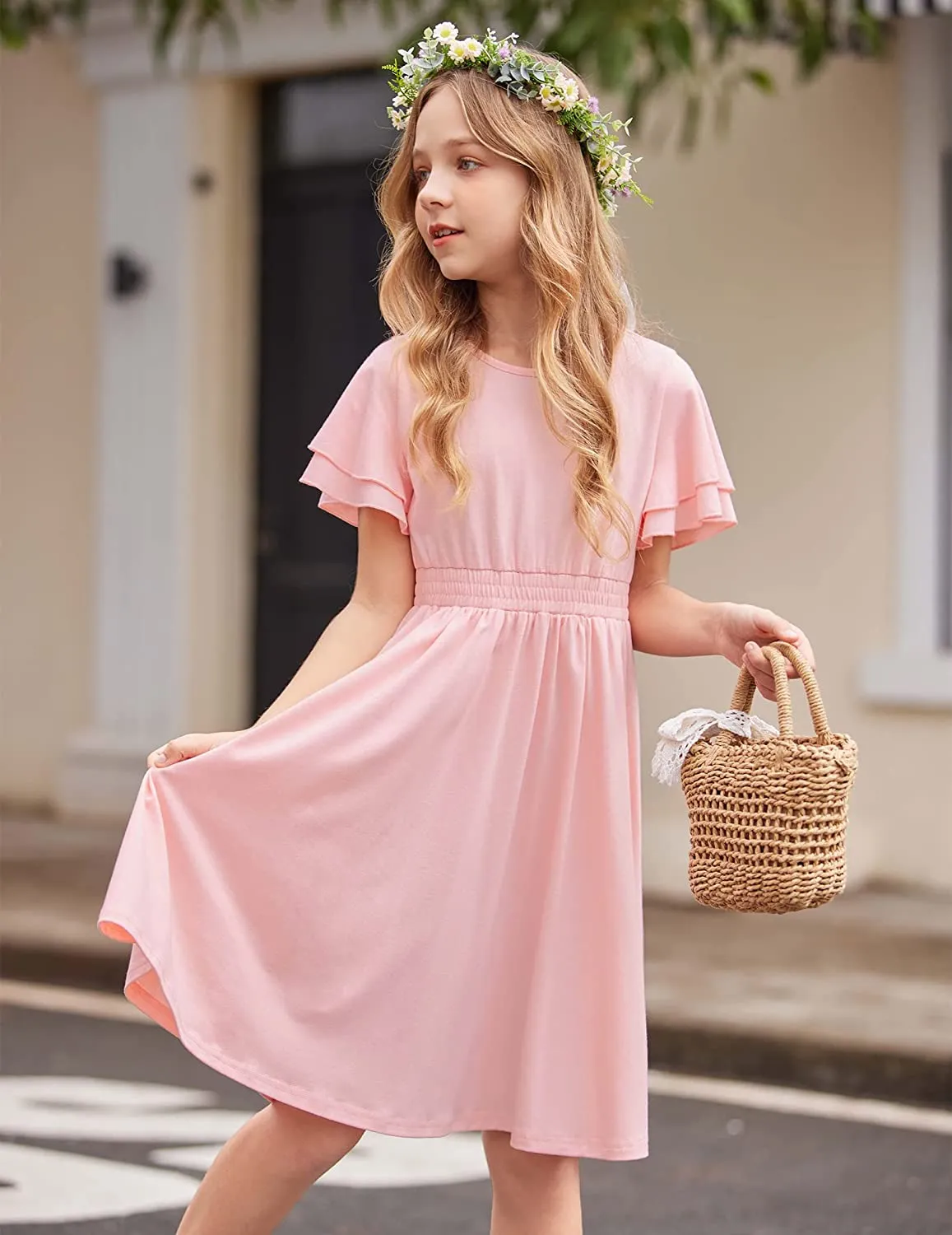 Arshiner Girl's Casual Dress Scoop Neck Flowy Print and Plain Sundress