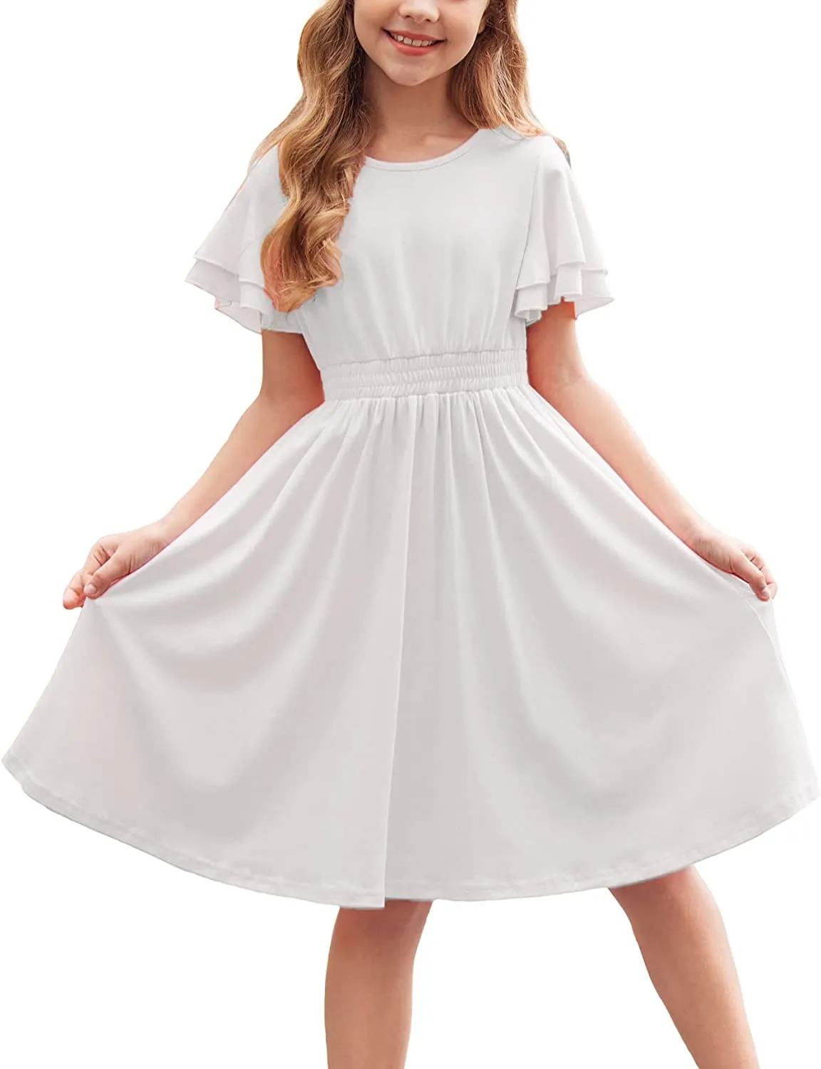 Arshiner Girl's Casual Dress Scoop Neck Flowy Print and Plain Sundress