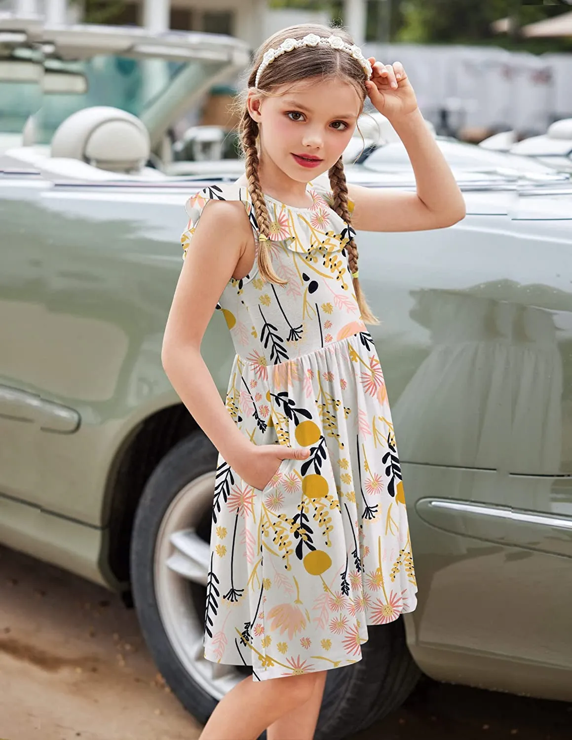 Arshiner Girls Ruffle Trim Neckline Dress A-Line Swing Dresses