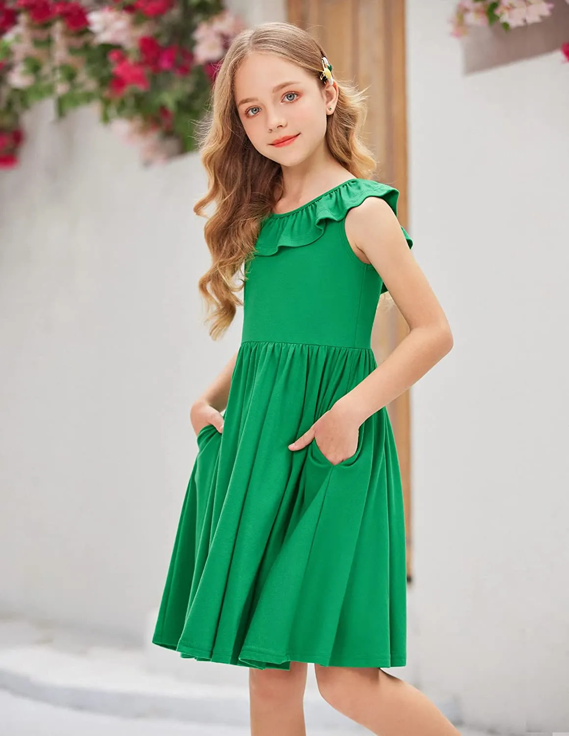Arshiner Girls Ruffle Trim Neckline Dress A-Line Swing Dresses