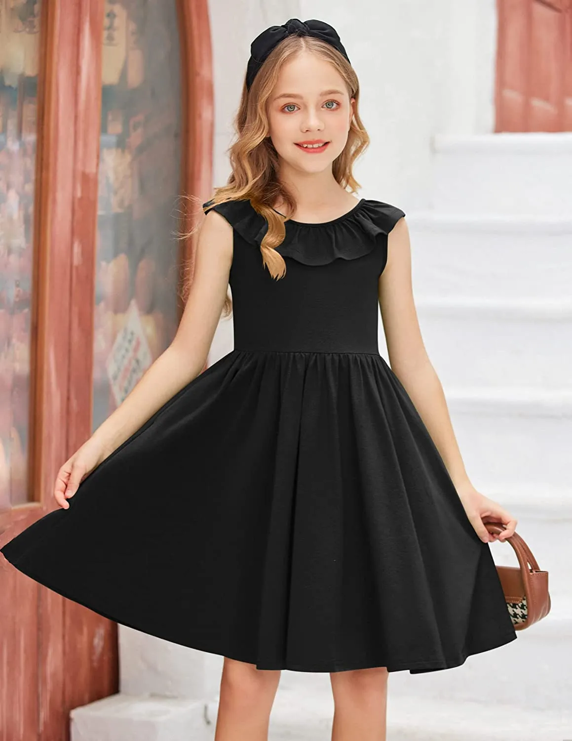 Arshiner Girls Ruffle Trim Neckline Dress A-Line Swing Dresses