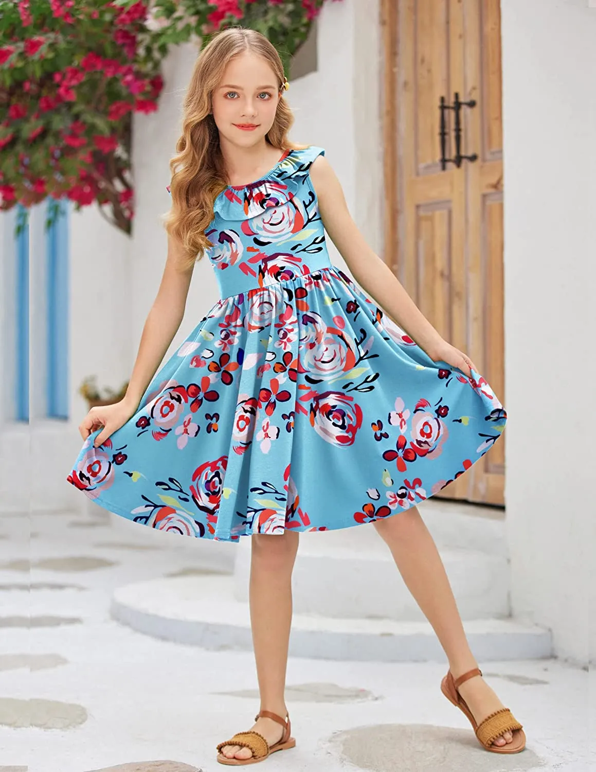 Arshiner Girls Ruffle Trim Neckline Dress A-Line Swing Dresses