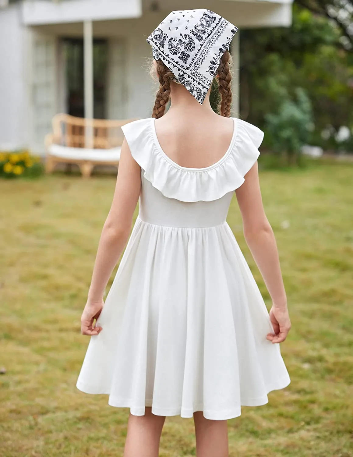 Arshiner Girls Ruffle Trim Neckline Dress A-Line Swing Dresses
