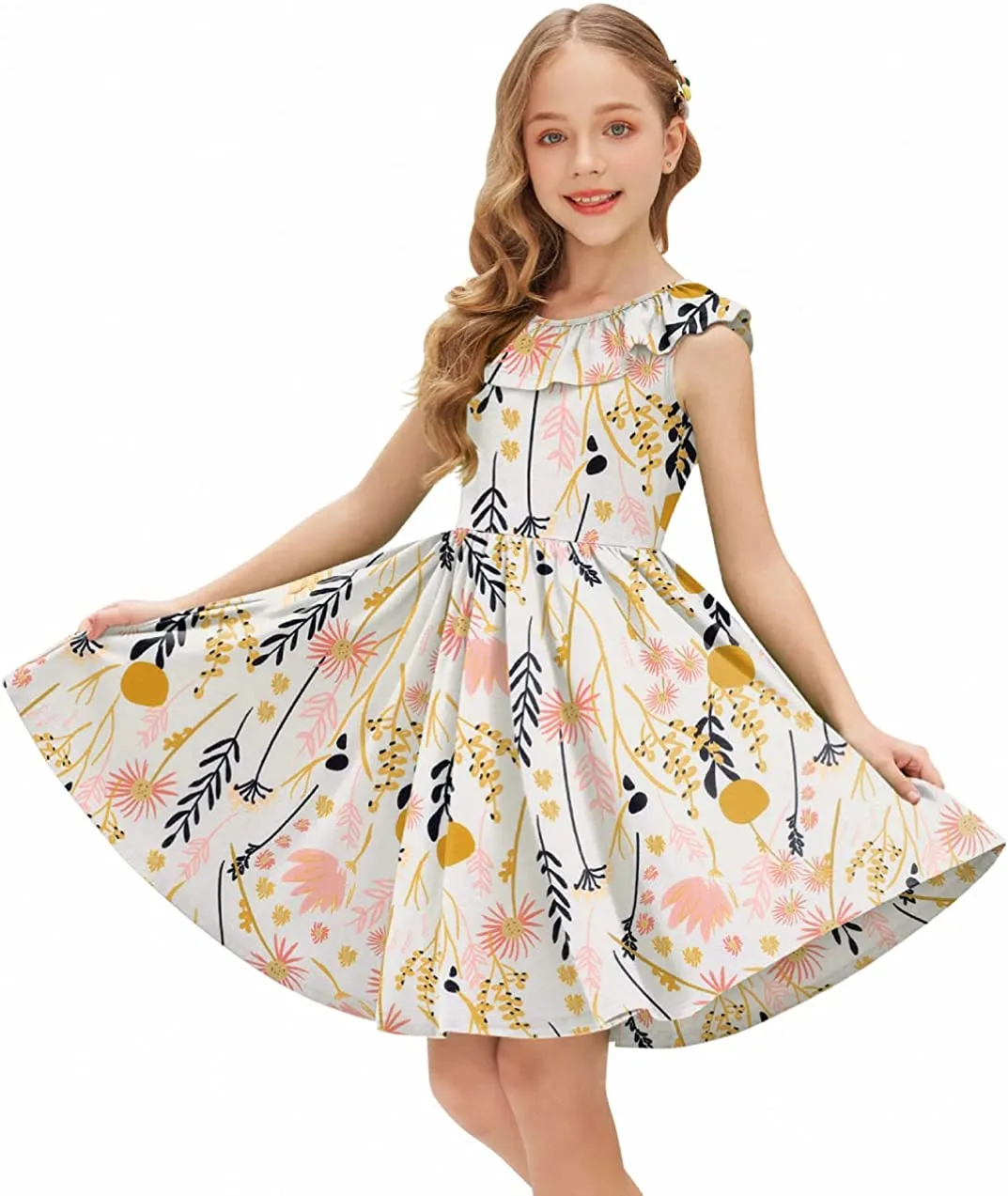 Arshiner Girls Ruffle Trim Neckline Dress A-Line Swing Dresses