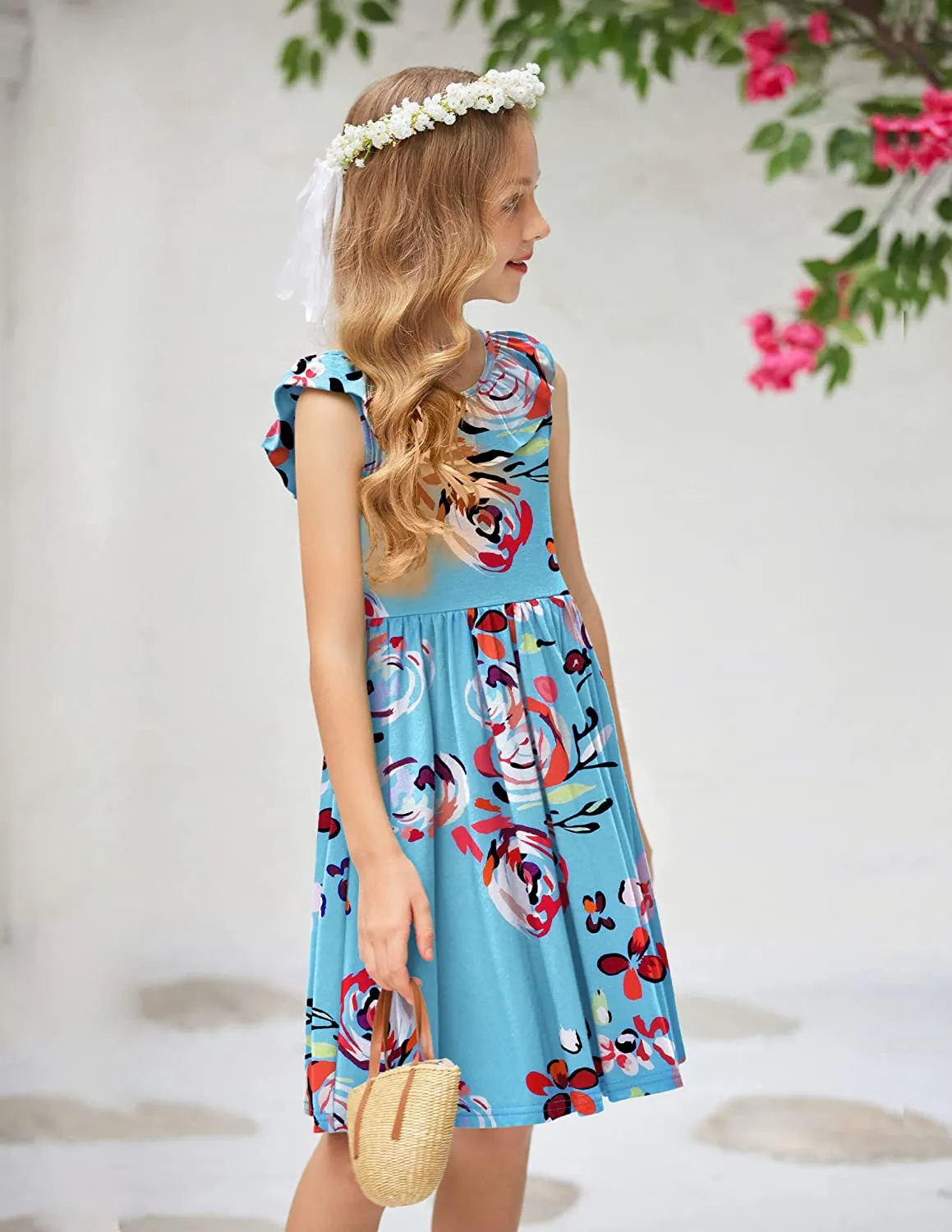 Arshiner Girls Ruffle Trim Neckline Dress A-Line Swing Dresses