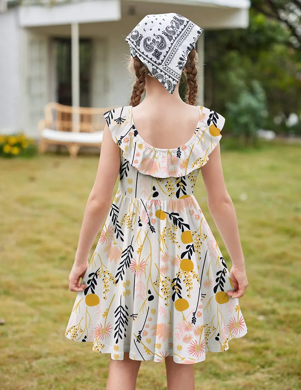 Arshiner Girls Ruffle Trim Neckline Dress A-Line Swing Dresses
