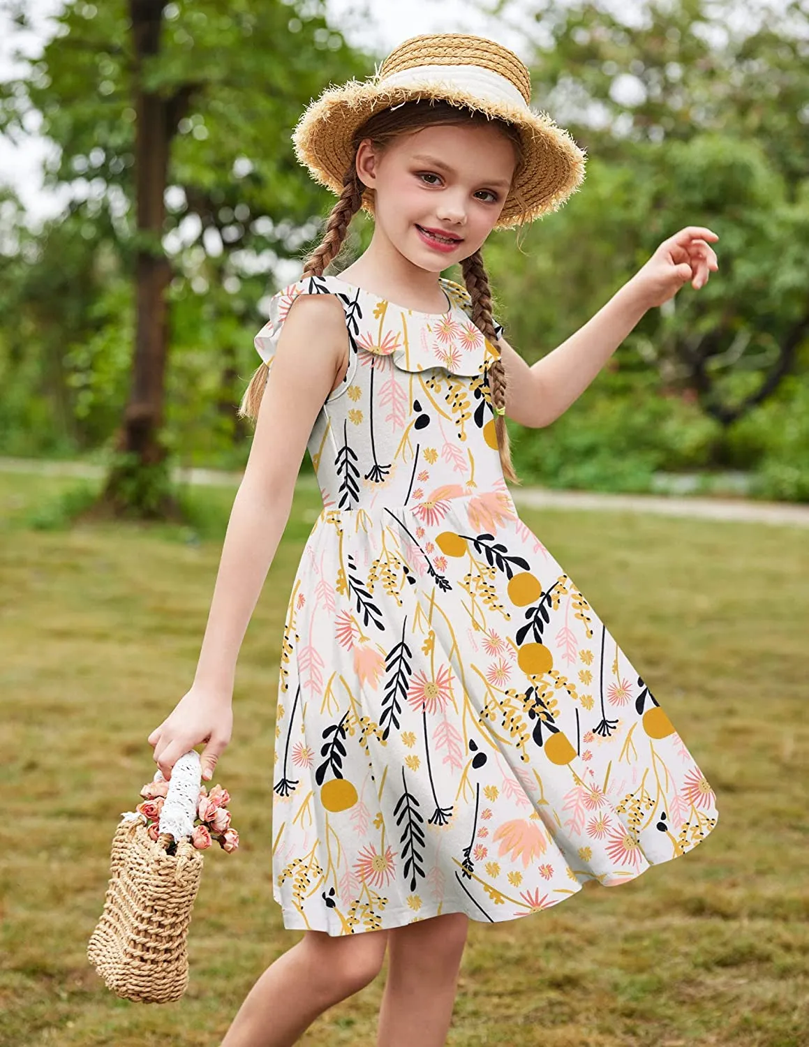 Arshiner Girls Ruffle Trim Neckline Dress A-Line Swing Dresses