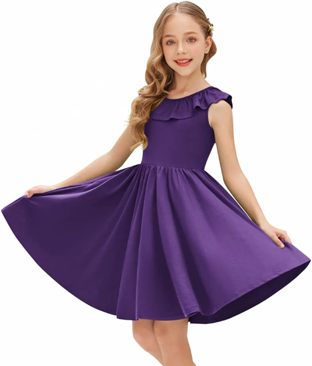 Arshiner Girls Ruffle Trim Neckline Dress A-Line Swing Dresses