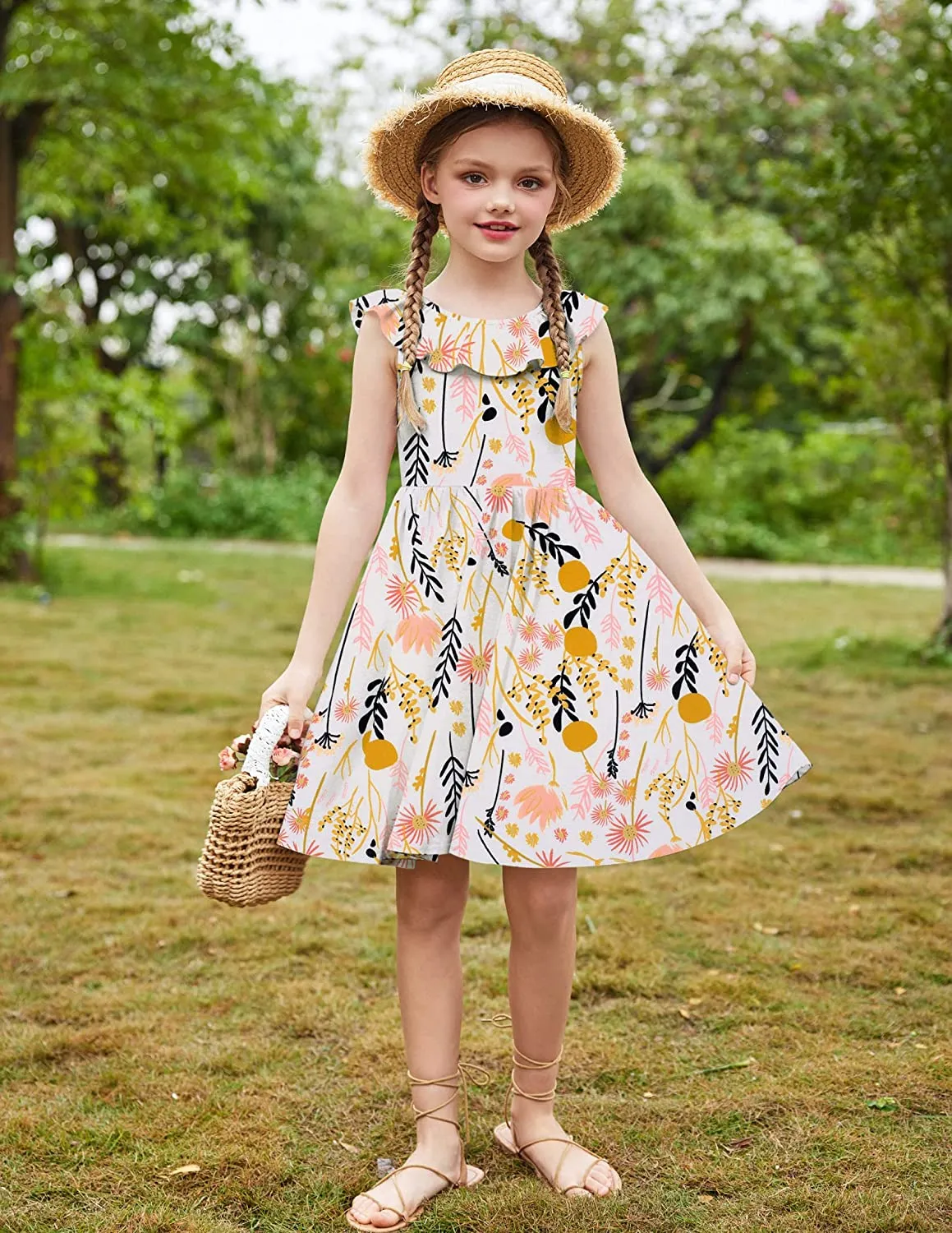 Arshiner Girls Ruffle Trim Neckline Dress A-Line Swing Dresses