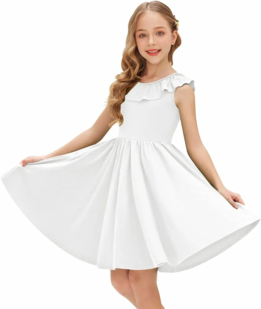 Arshiner Girls Ruffle Trim Neckline Dress A-Line Swing Dresses