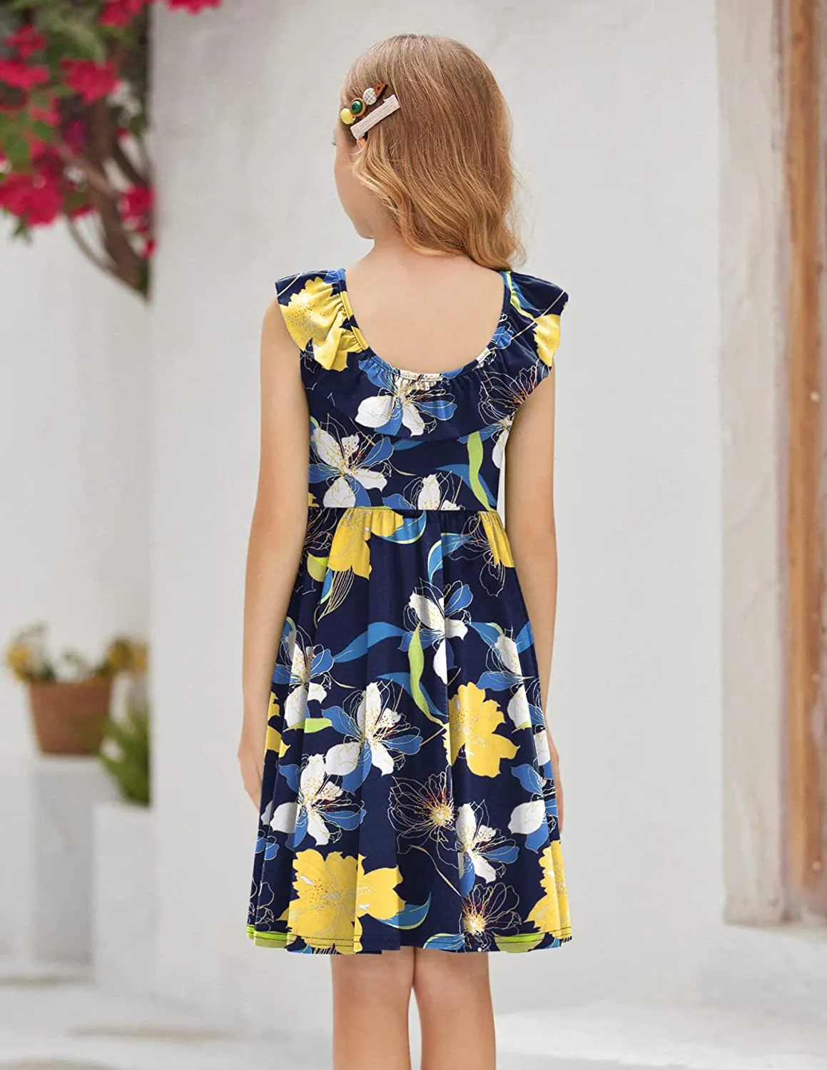 Arshiner Girls Ruffle Trim Neckline Dress A-Line Swing Dresses