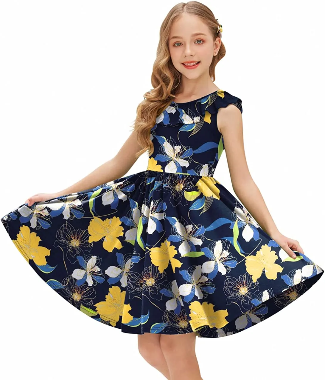Arshiner Girls Ruffle Trim Neckline Dress A-Line Swing Dresses