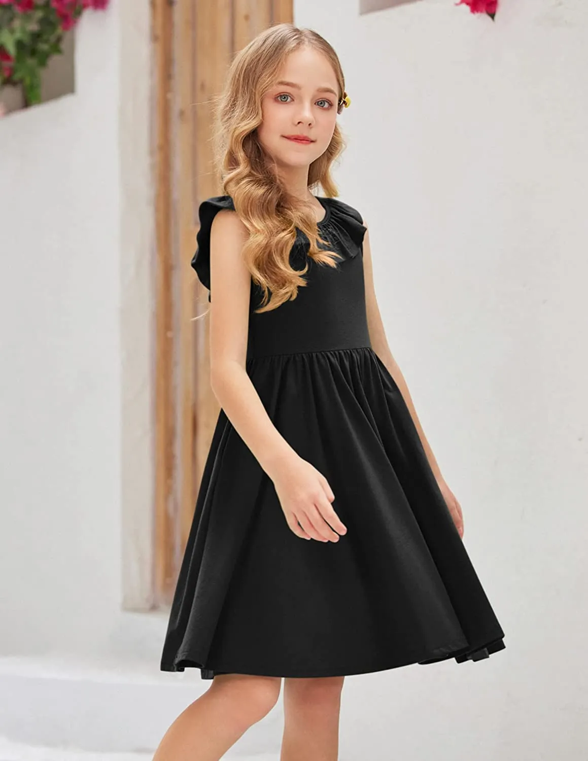 Arshiner Girls Ruffle Trim Neckline Dress A-Line Swing Dresses