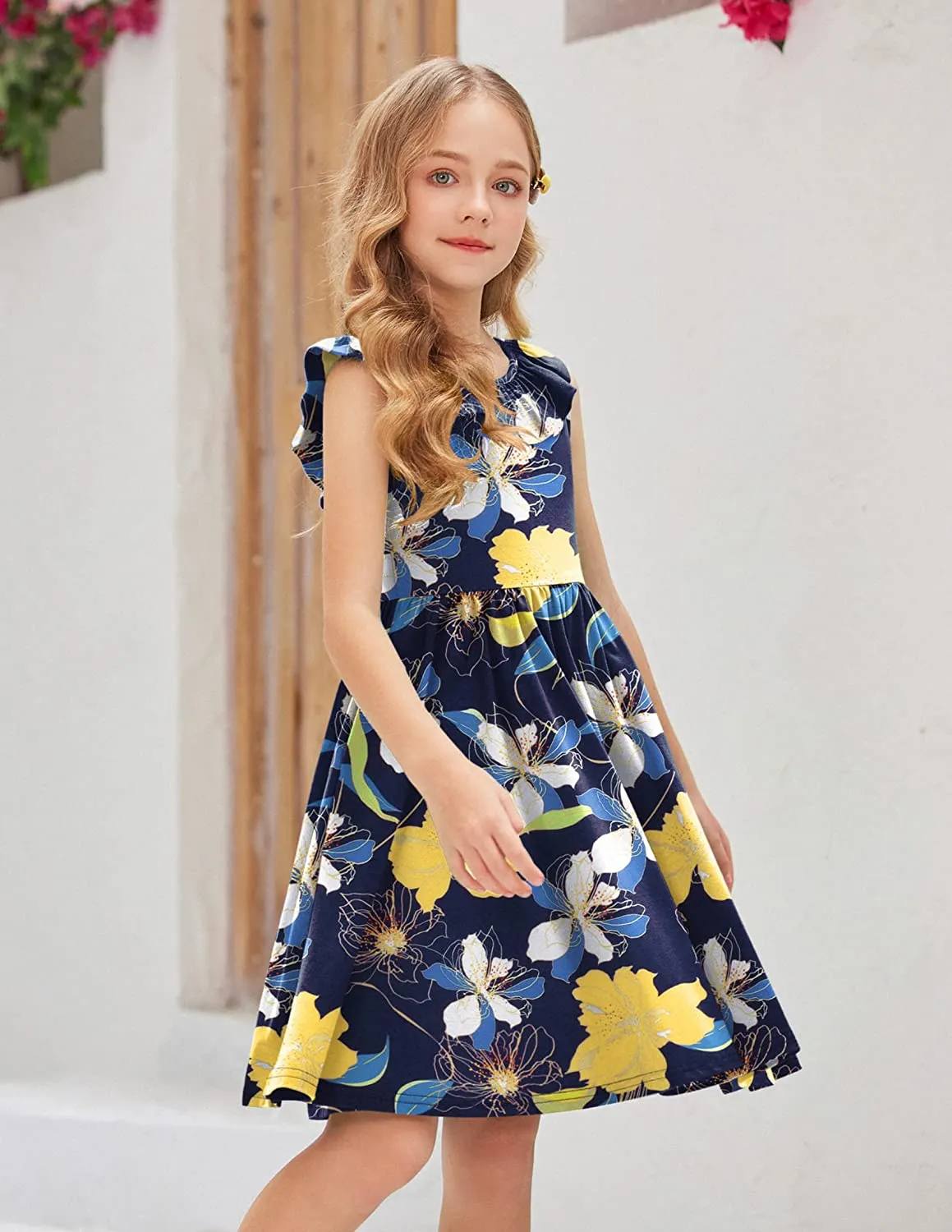 Arshiner Girls Ruffle Trim Neckline Dress A-Line Swing Dresses