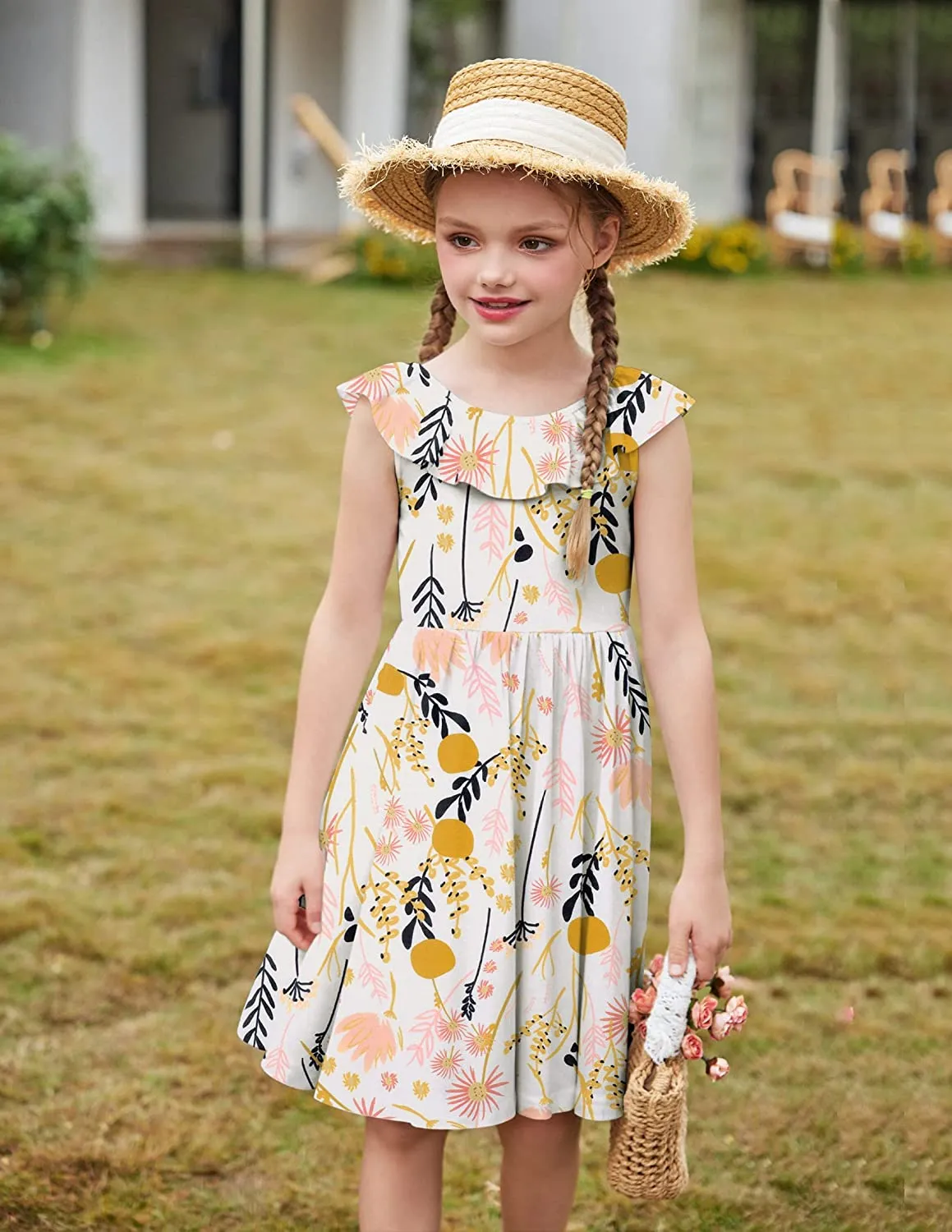 Arshiner Girls Ruffle Trim Neckline Dress A-Line Swing Dresses